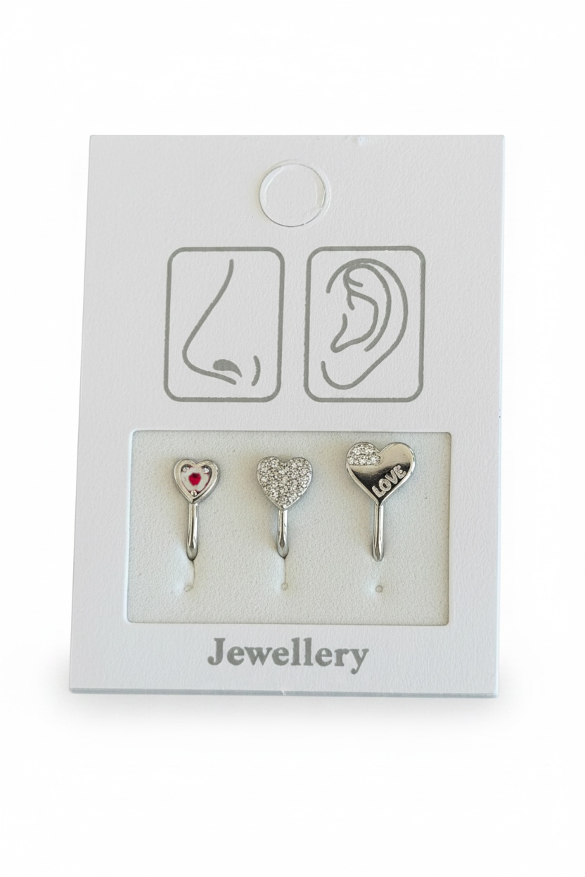 Gümüş Renk Karışık Figürlü Deliksiz Kulak/Burun 3lü Piercing Set