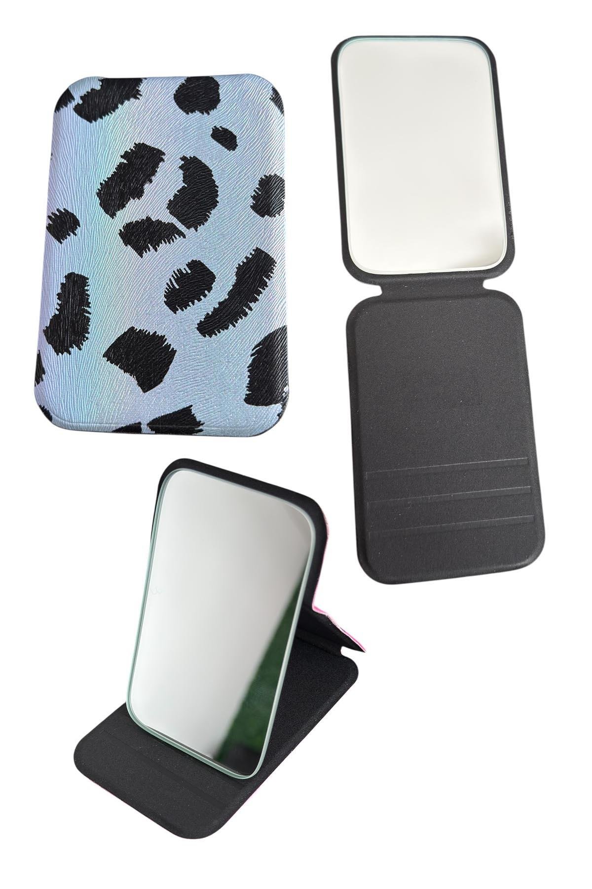 Mavi Renk Leopar Desenli Küçük Boy Katlanabilir Makyaj Aynası