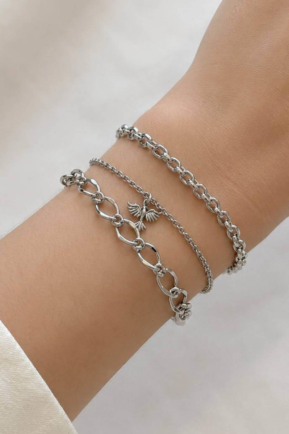 Gümüş Renk Kuş Figürlü Zincir Detaylı 3lü Bileklik Set