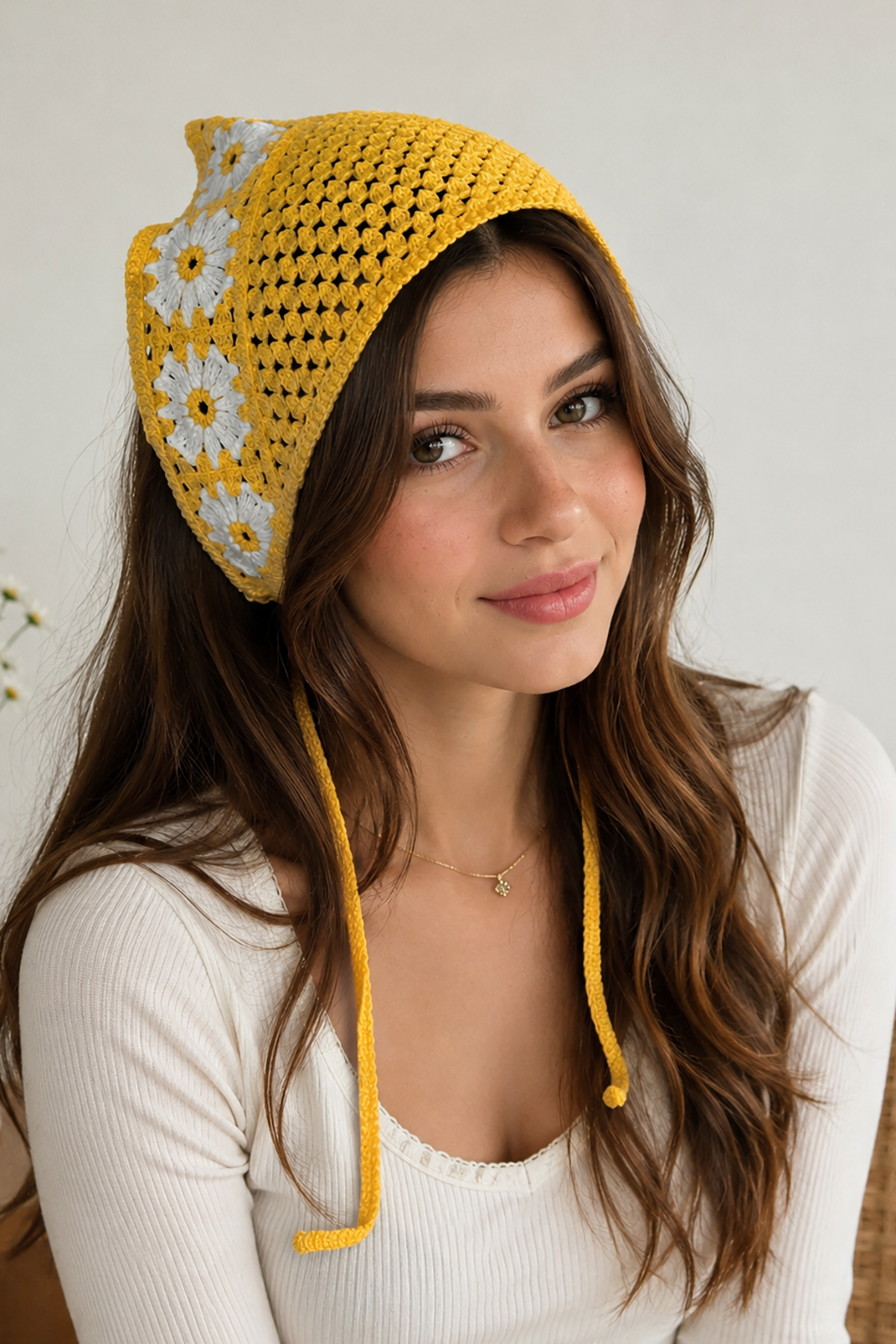 Sarı Renk Çiçek Desenli Örgü Saç Bandana
