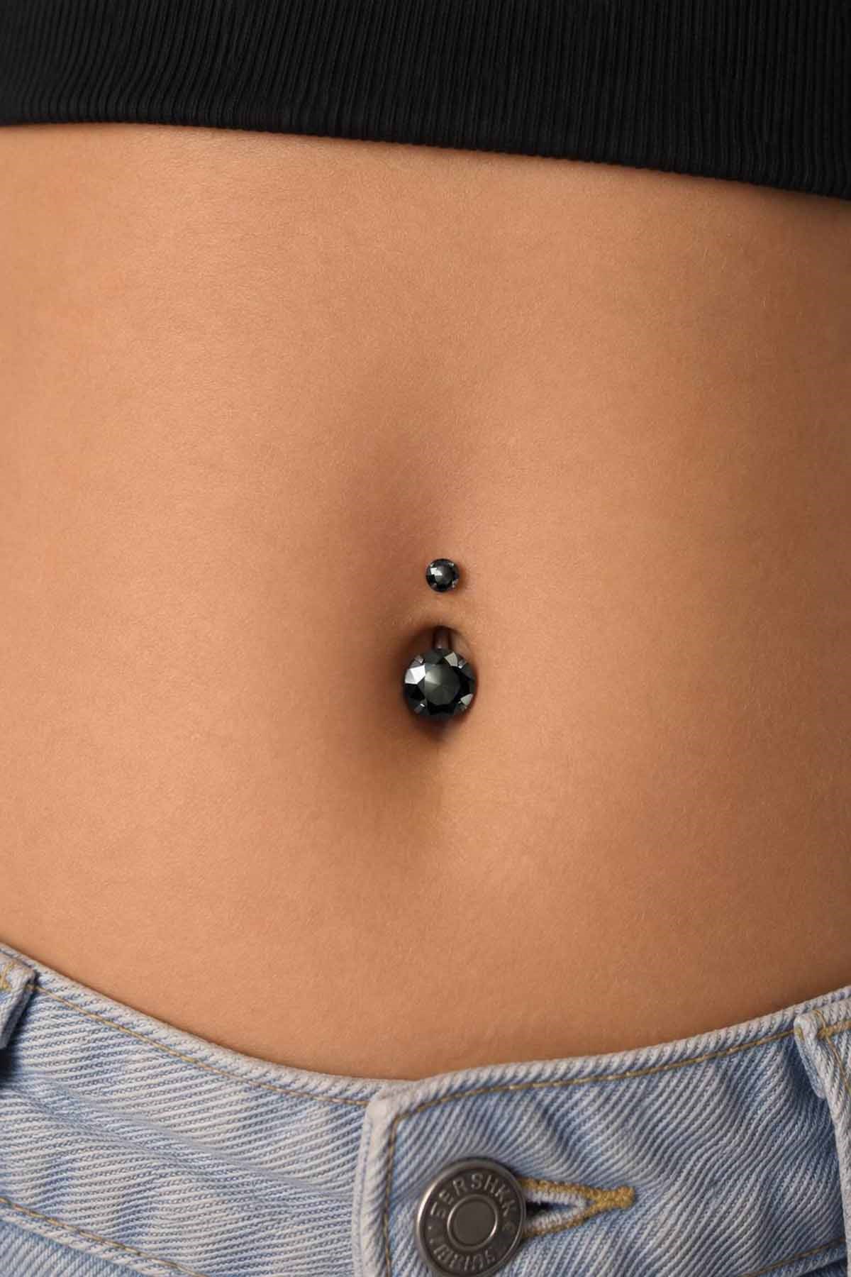 Gümüş Renk Taşlı Cerrahi Çelik Göbek Piercing