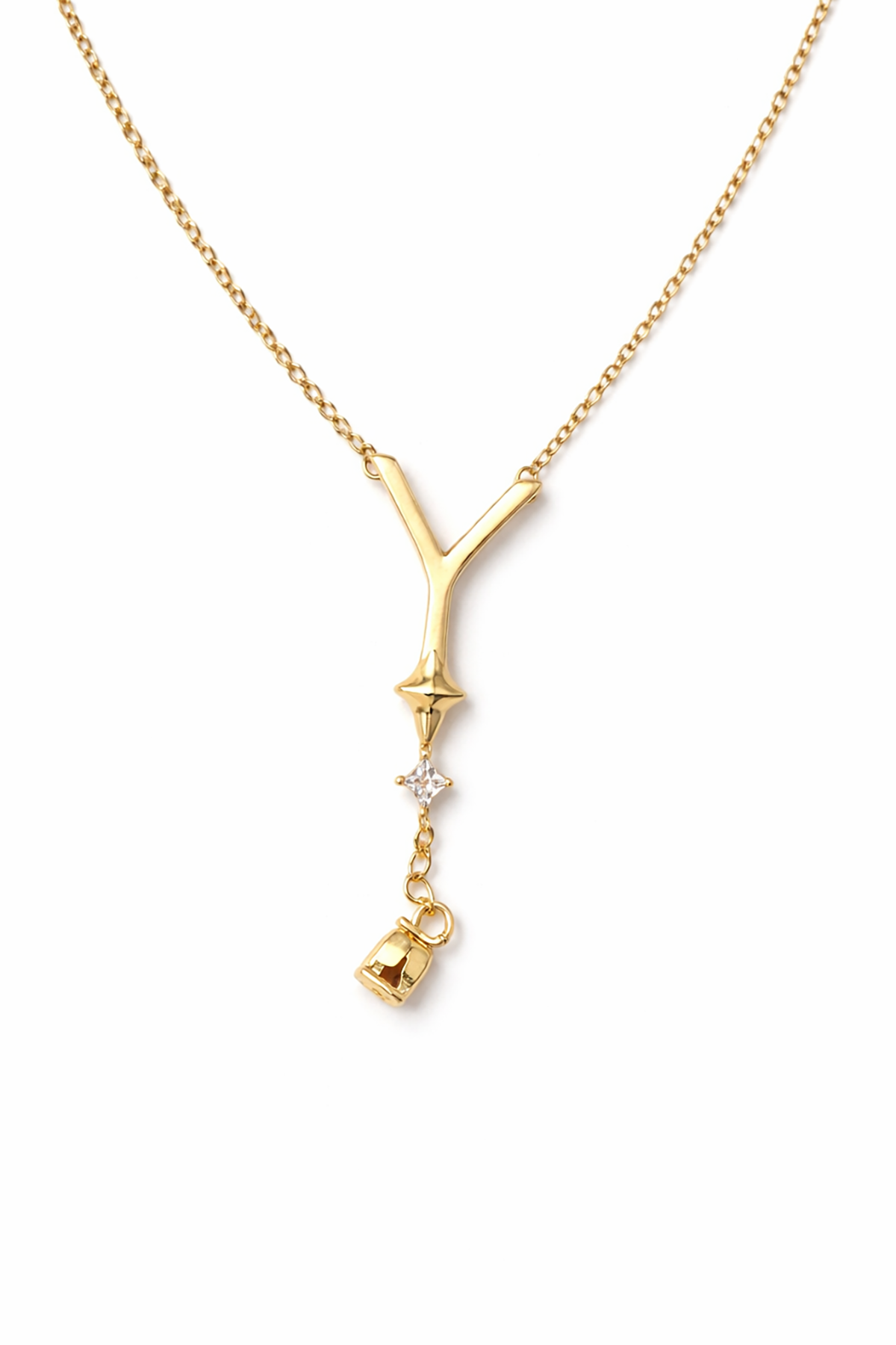 Altın Renk Y Harfli Taş Detaylı Çelik Kolye