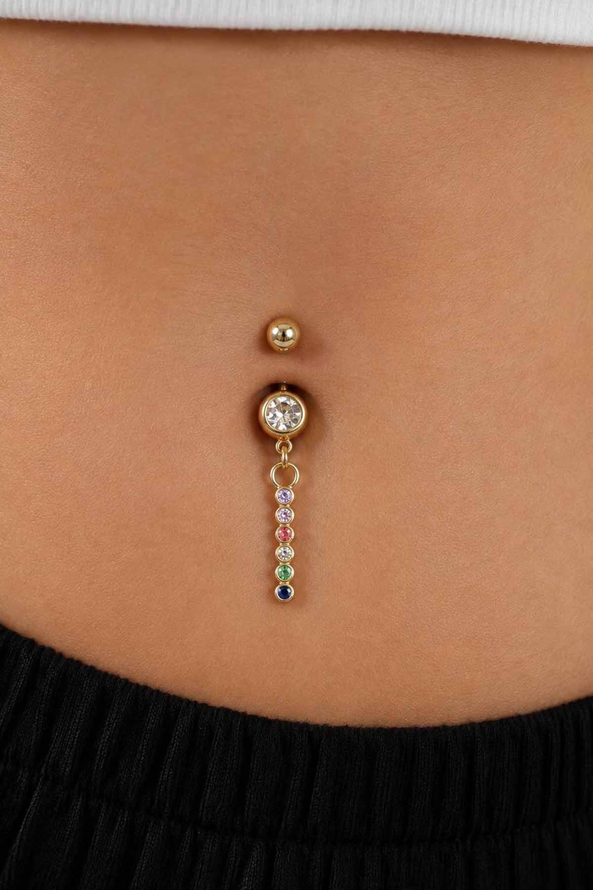 Altın Renk Taşlı Sallantılı Cerrahi Çelik Göbek Piercing