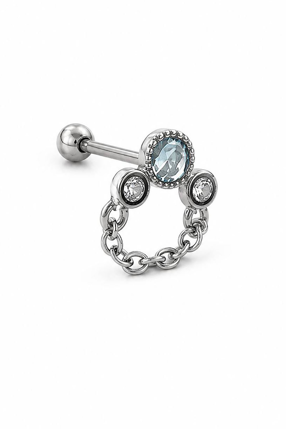 Gümüş  Renk Sallantılı   Taşlı Cerrahi Çelik Tragus/Kıkırdak Küpe/Piercing (Tek)