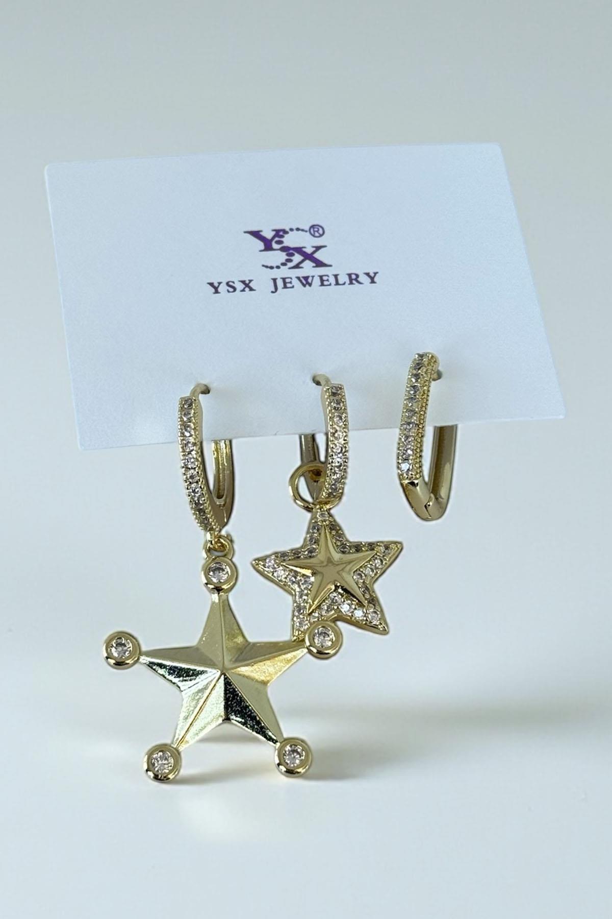 Altın Renk Yıldız Figürlü Taş Detaylı 3lü YSX Küpe Set  