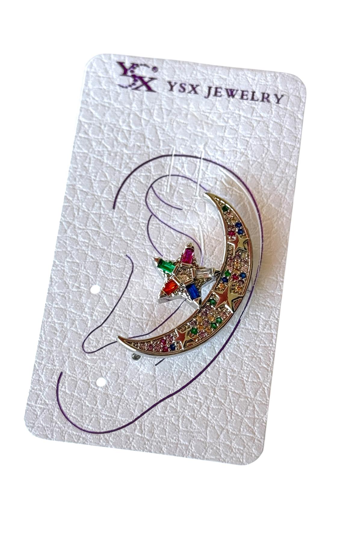 Gümüş Renk Ay Ve Yıldız Figürlü Taş Detaylı  Ear Cuff (Tek)