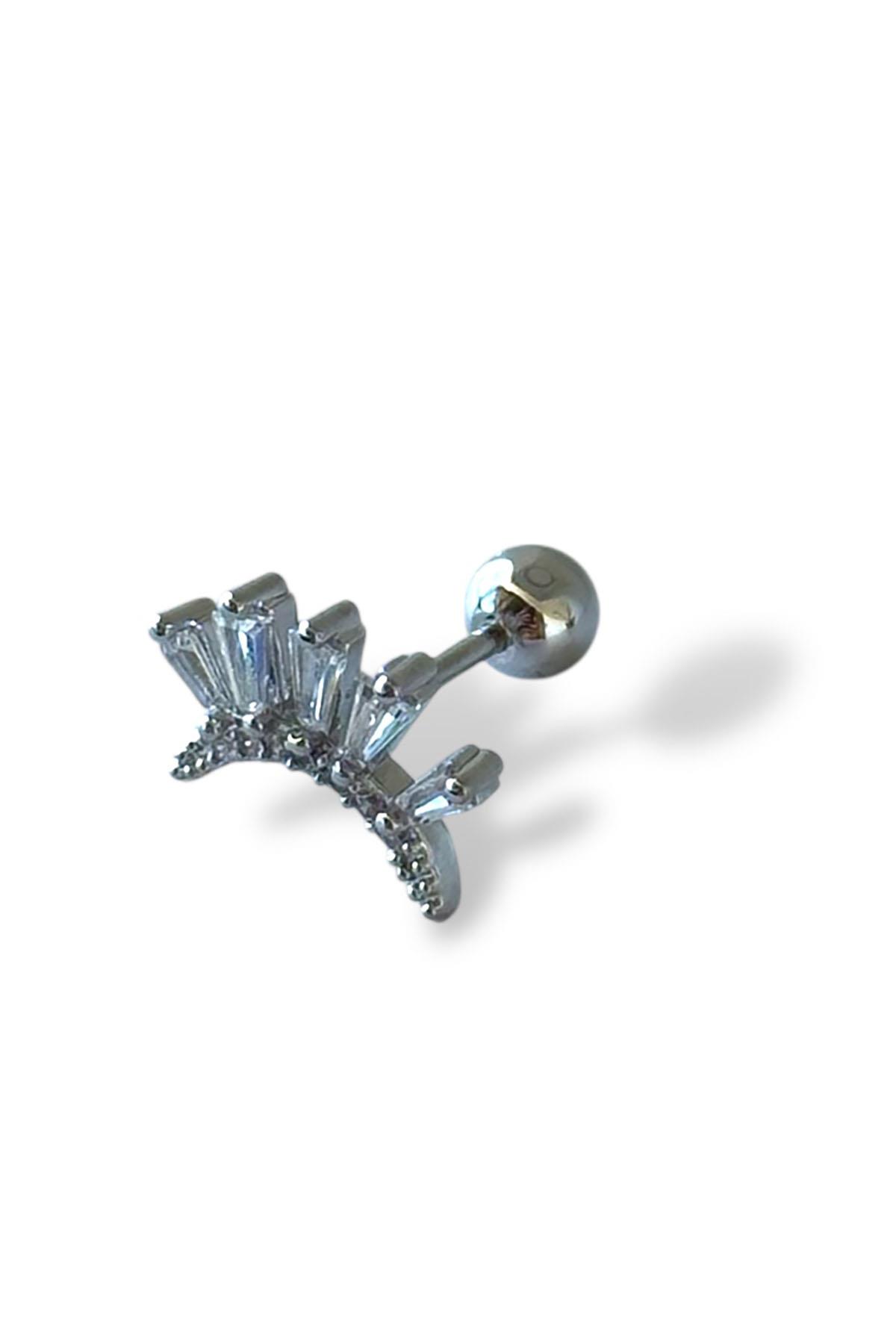 Gümüş Renk Taş Detaylı Çelik Tragus/Kıkırdak Küpe/Piercing (Tek)