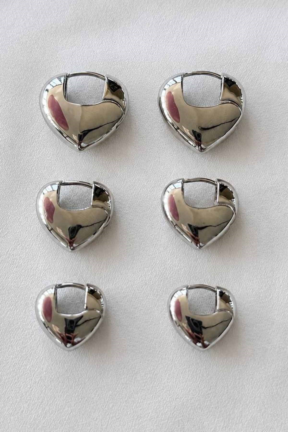 Gümüş Renk 6lı Kalp Detaylı Tx Küpe Set