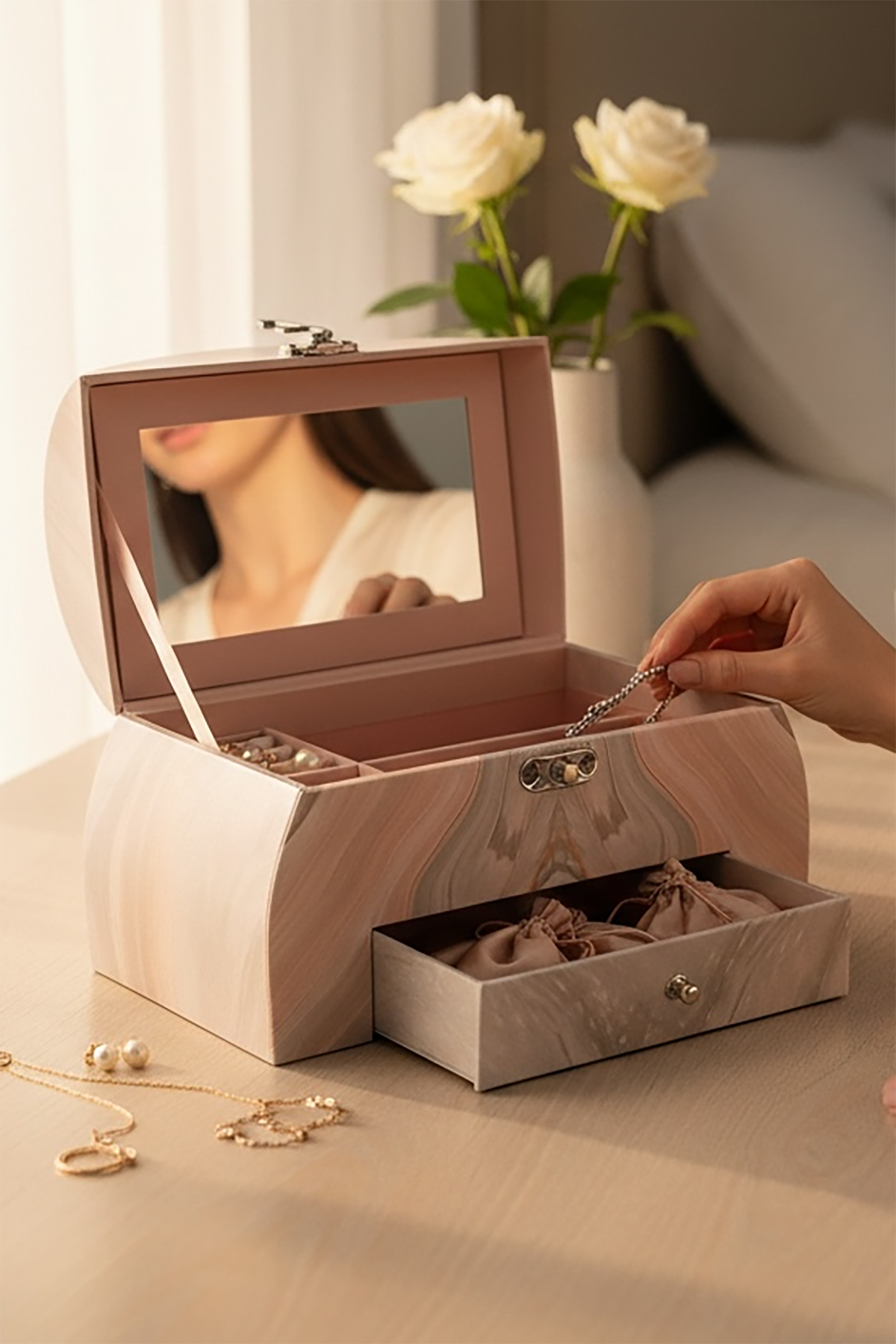 Pembe Renk Çekmeceli Ve Ayna Detaylı Takı Organizeri