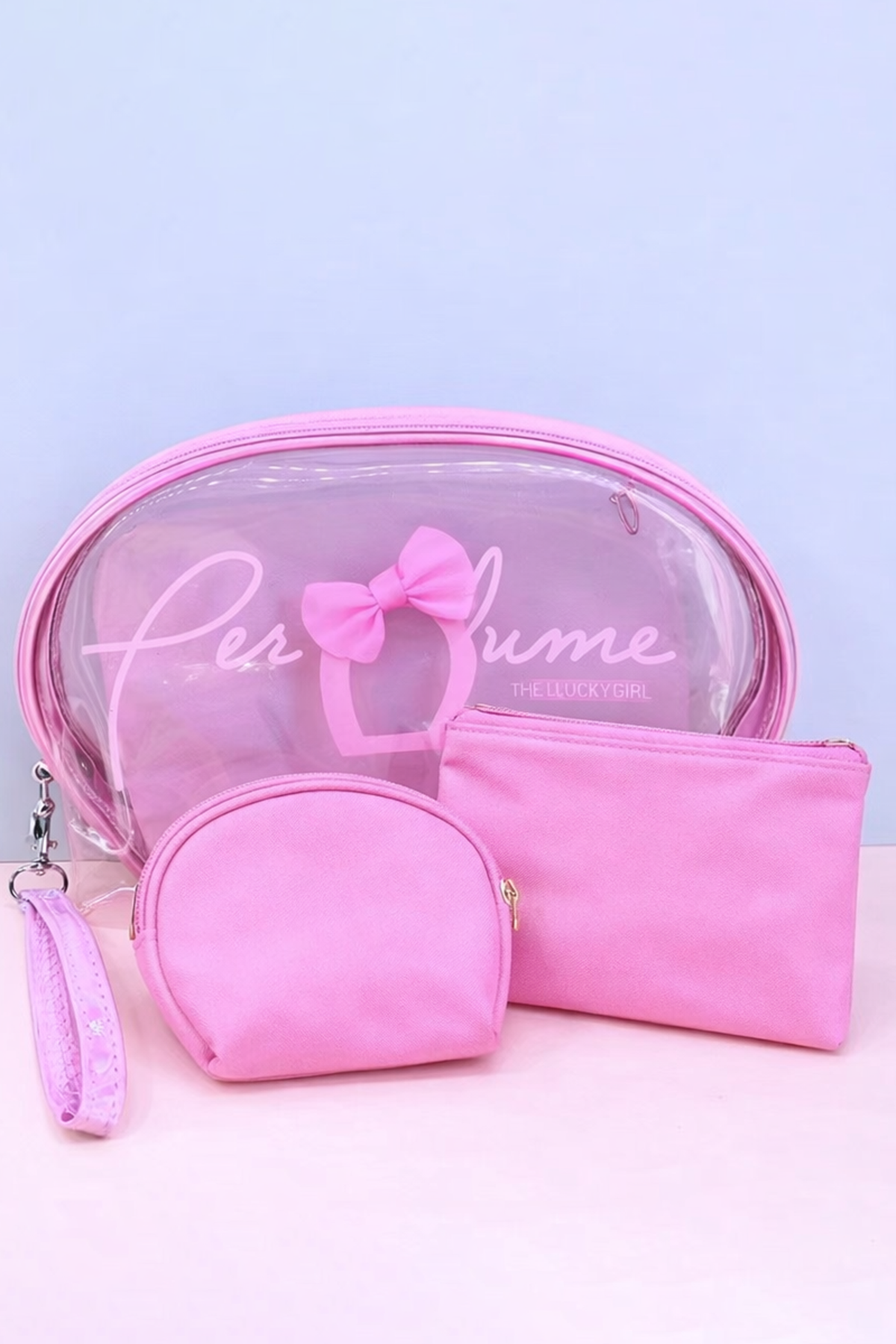 Açık Pembe Renk 3lü Şeffaf Makyaj Çantası