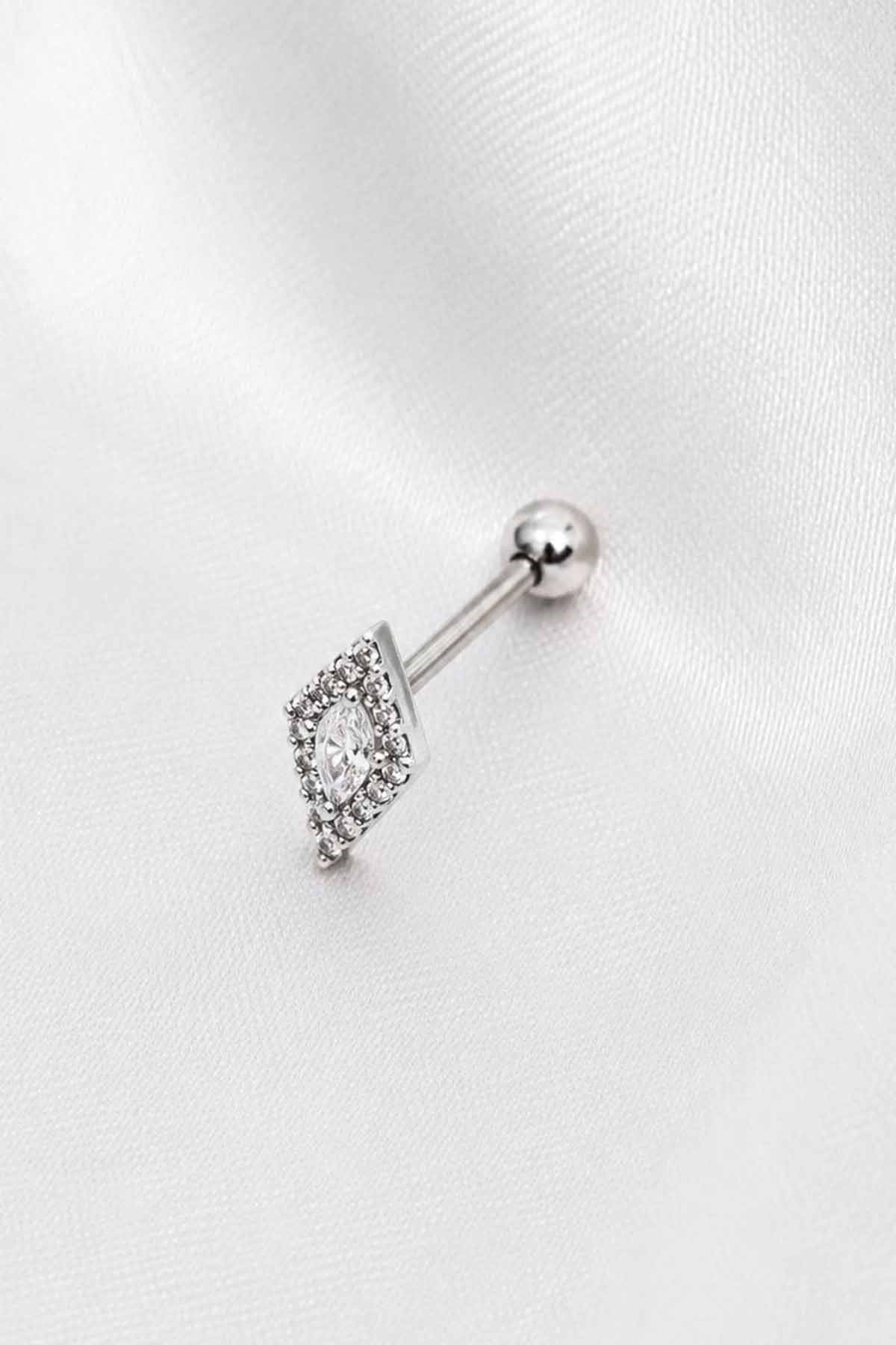 Gümüş  Renk  Taşlı Cerrahi Çelik Tragus/Kıkırdak Küpe/Piercing (Tek)