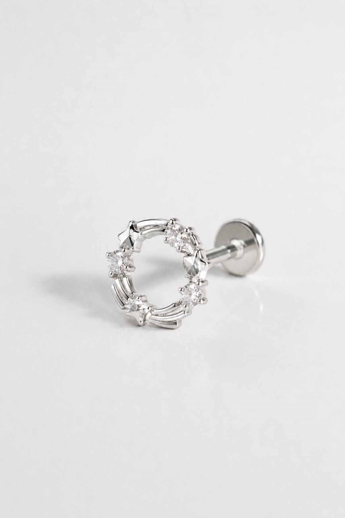 Gümüş Renk Taşlı Cerrahi Çelik Tragus/Kıkırdak Küpe/Piercing (Tek)