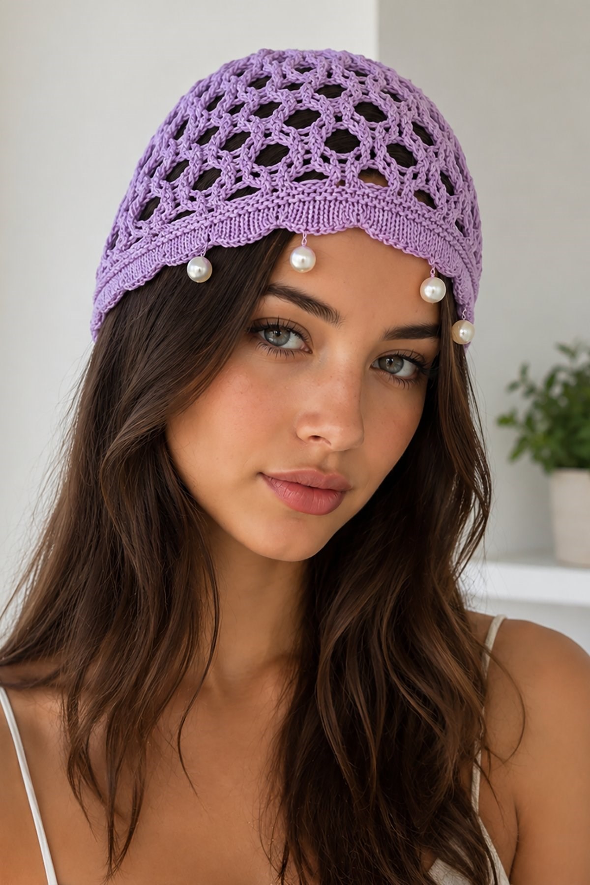 Lila Renk İnci Detaylı Örgü Saç Bandana