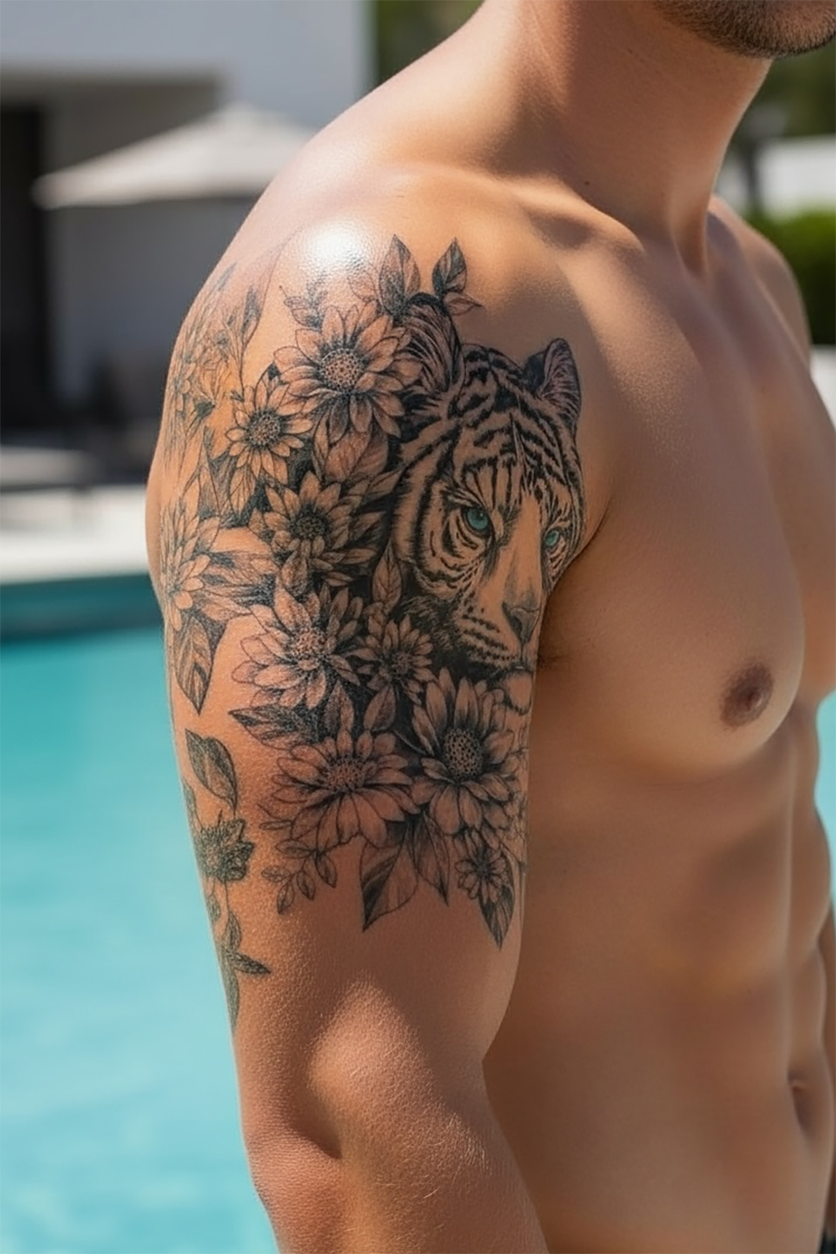 Kaplan Ve Çiçek Figürlü Geçici Dövme Tattoo