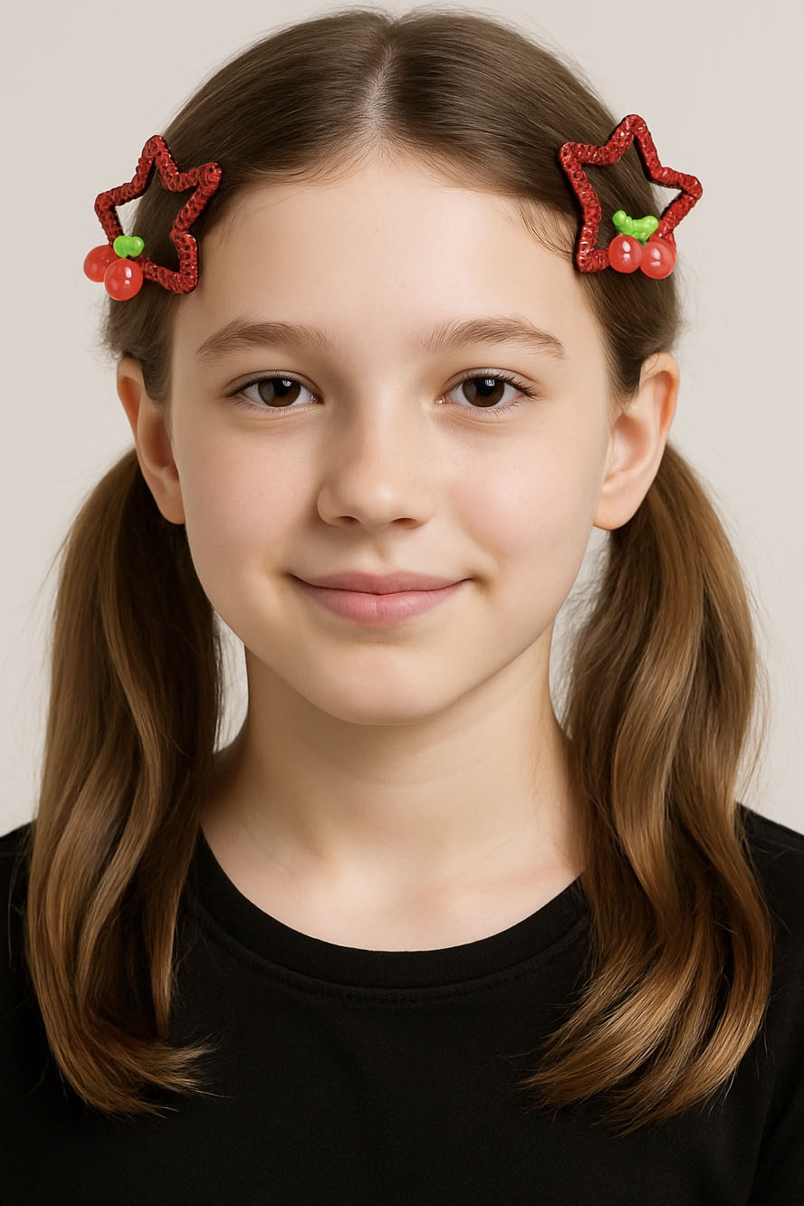 2li Kırmızı Renk Yıldız Figürlü Kiraz Detaylı Yan Toka Set