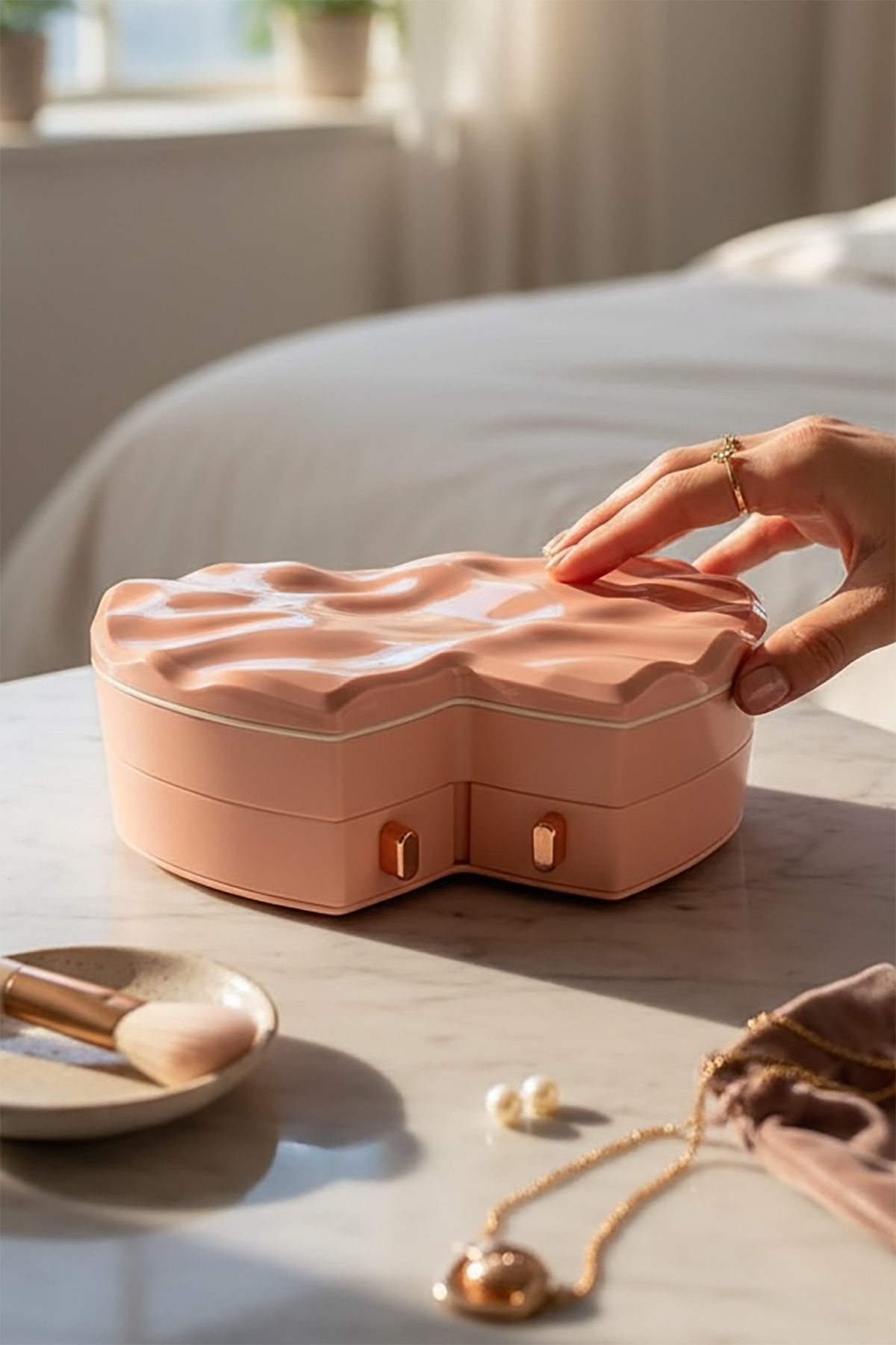 Pembe Renk Kalp Figürlü Aynalı Çekmeceli Takı Organizeri
