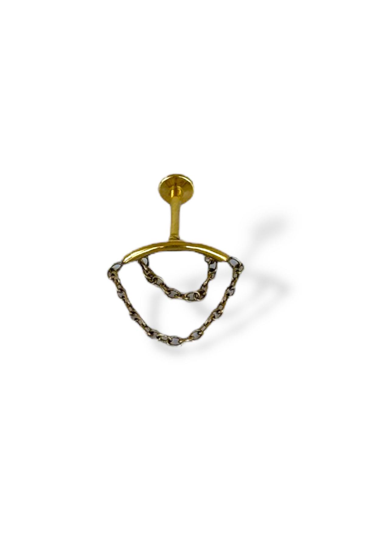 Altın Renk Zincir Detaylı Çelik Tragus/Kıkırdak Küpe/Piercing (Tek)