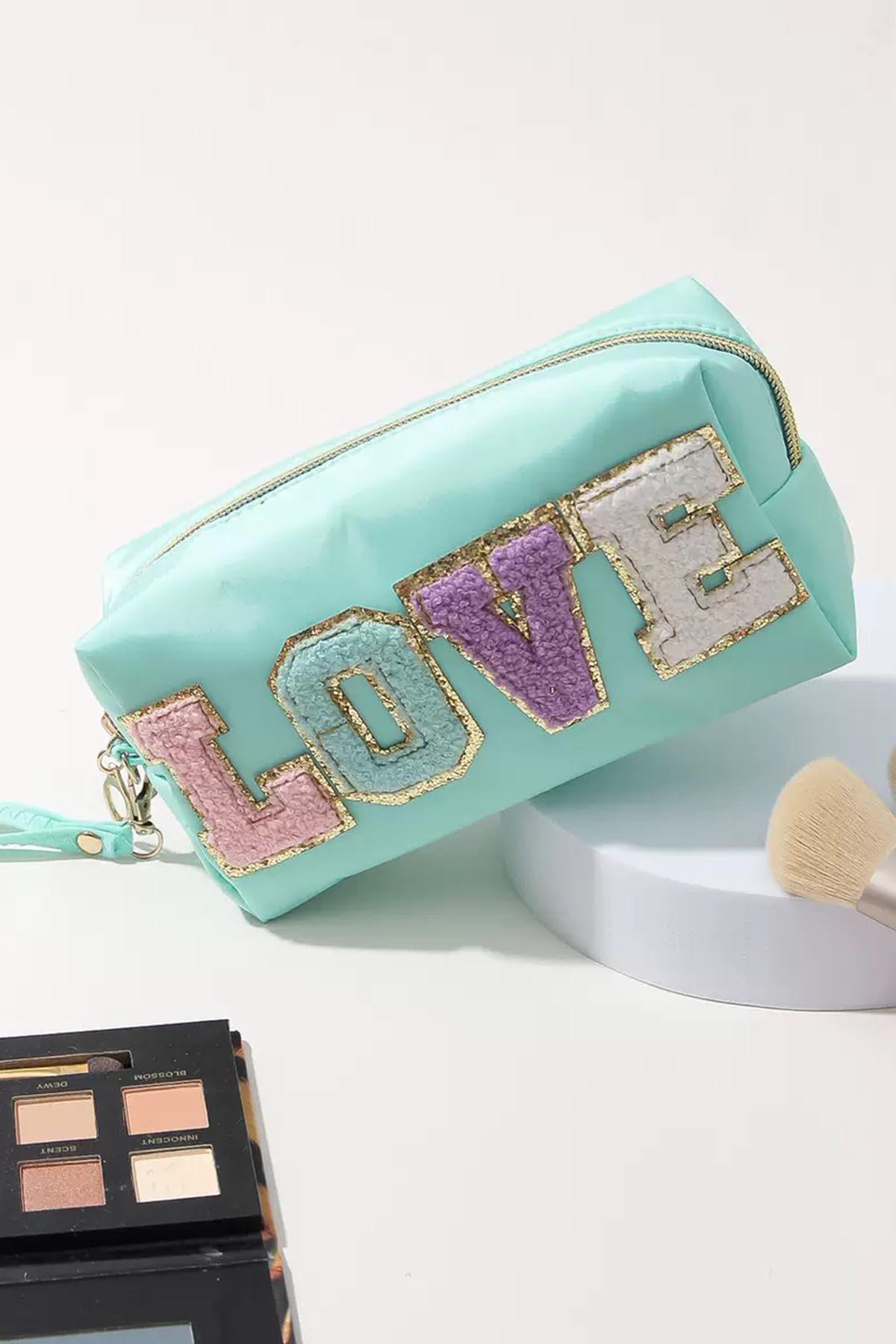 Su Yeşil Renk Love Detaylı Makyaj Çantası