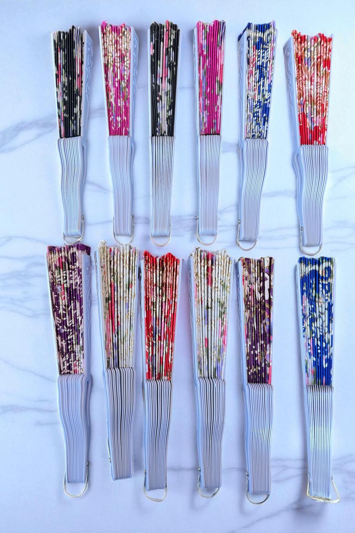 12´li Karışık Renk Çiçek Figürlü Yelpaze