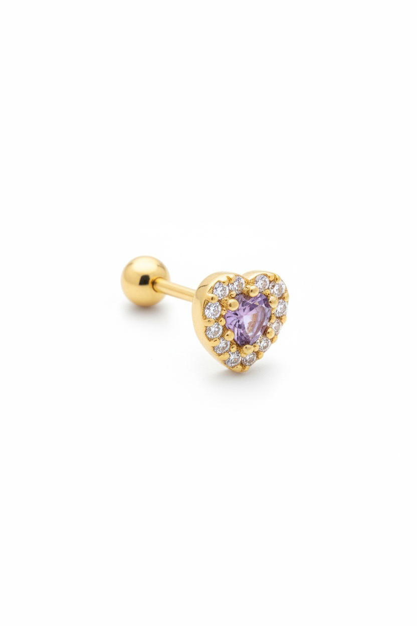Altın Renk Mor Kalp Detaylı Cerrahi Çelik Tragus/Kıkırdak Küpe/Piercing (Tek)
