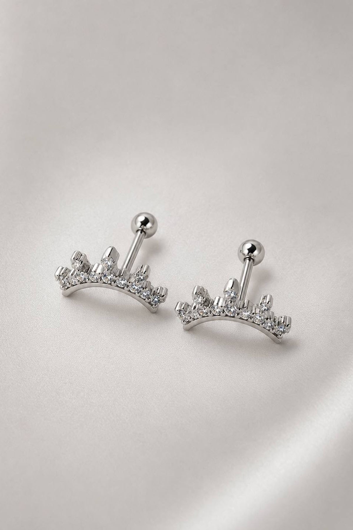 2li Gümüş Renk Taş Detaylı Tx Tragus/Kıkırdak Küpe/Piercing 