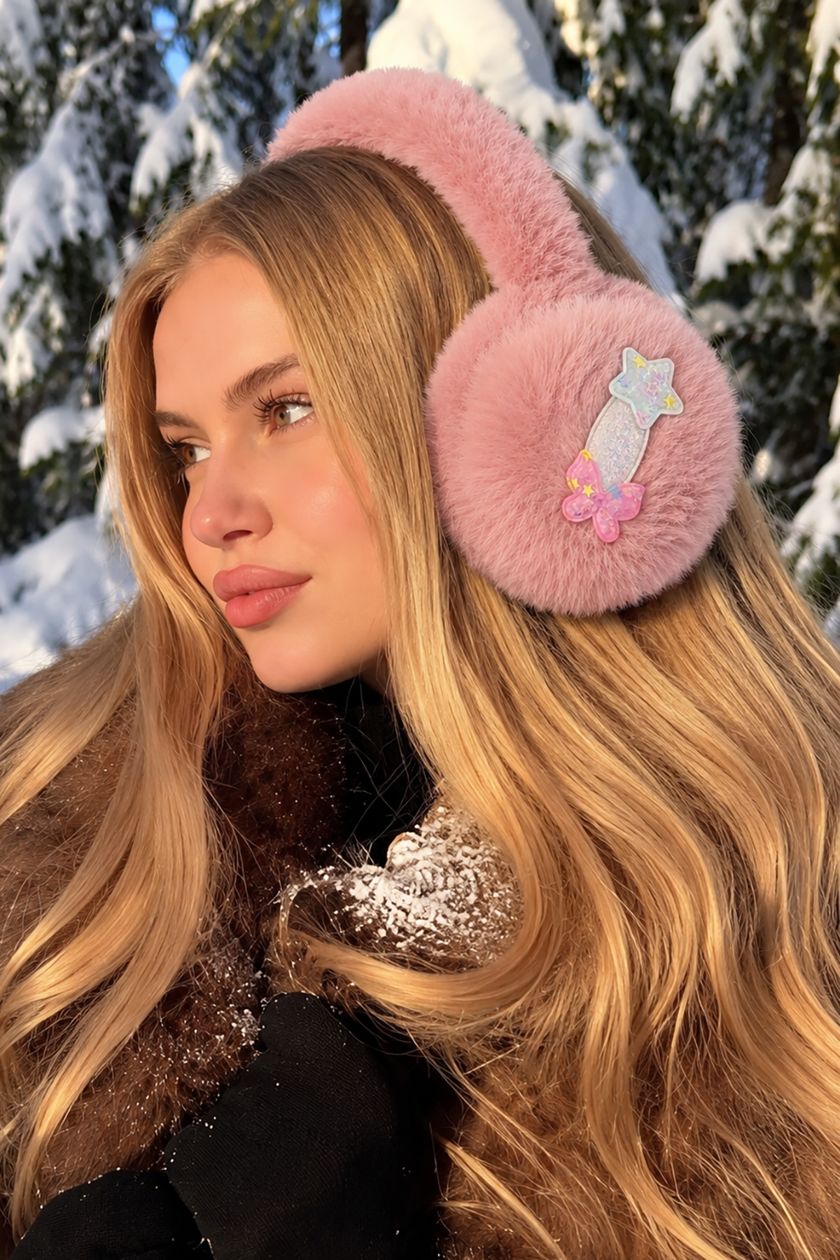 Pembe Renk Yıldız Ve Kelebek Figürlü Peluş Kulaklık