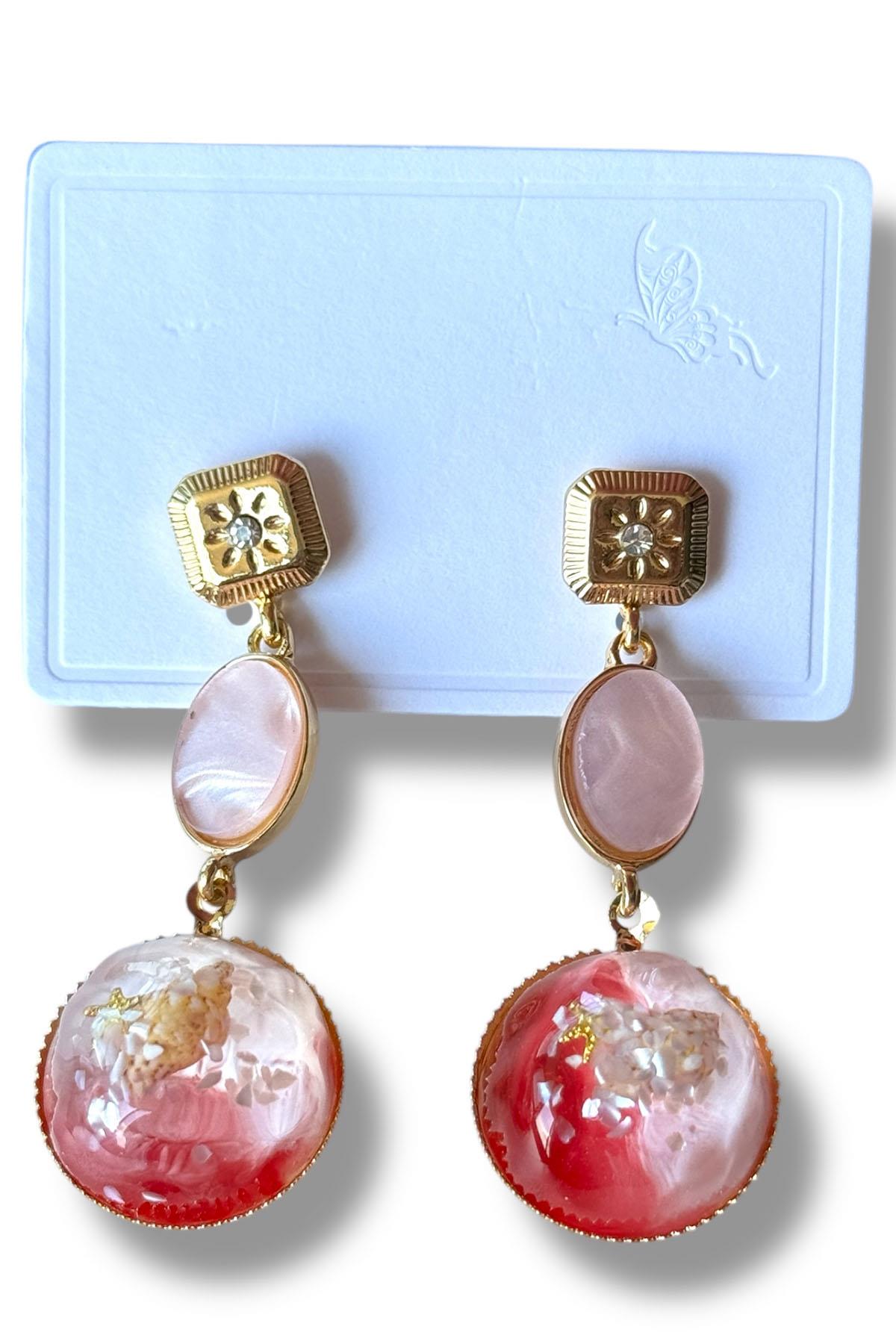 Altın Renk Taş Detaylı Sallantılı Küpe (Çift)