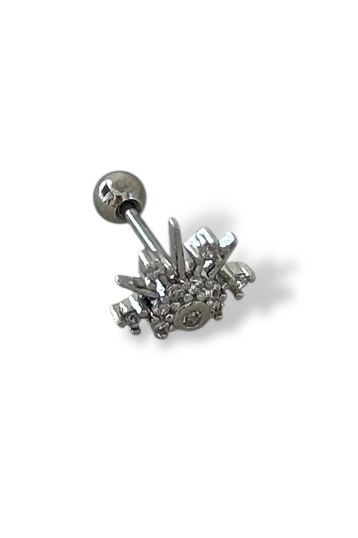 Gümüş Renk Taş Detaylı Çelik Tragus/Kıkırdak Küpe/Piercing (Tek)