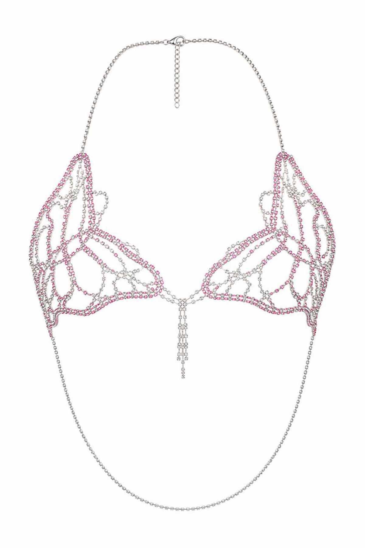 Gümüş Renk Kelebek Figürlü Taş Detaylı Bikini Üstü /Bralet /Vücut Aksesuarı