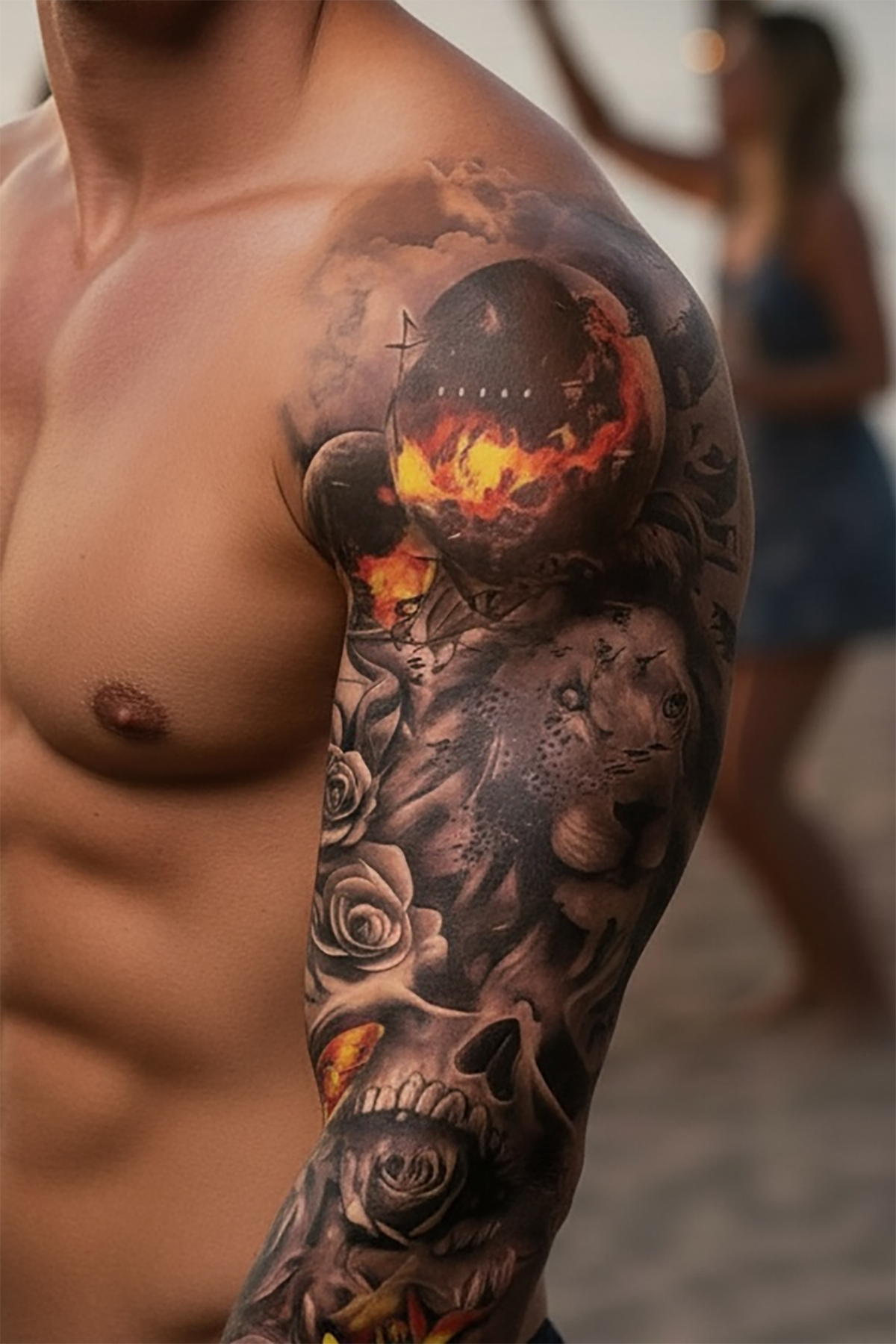 Geçici Aslan ve Kurukafa Modelli Kol Dövme Tattoo