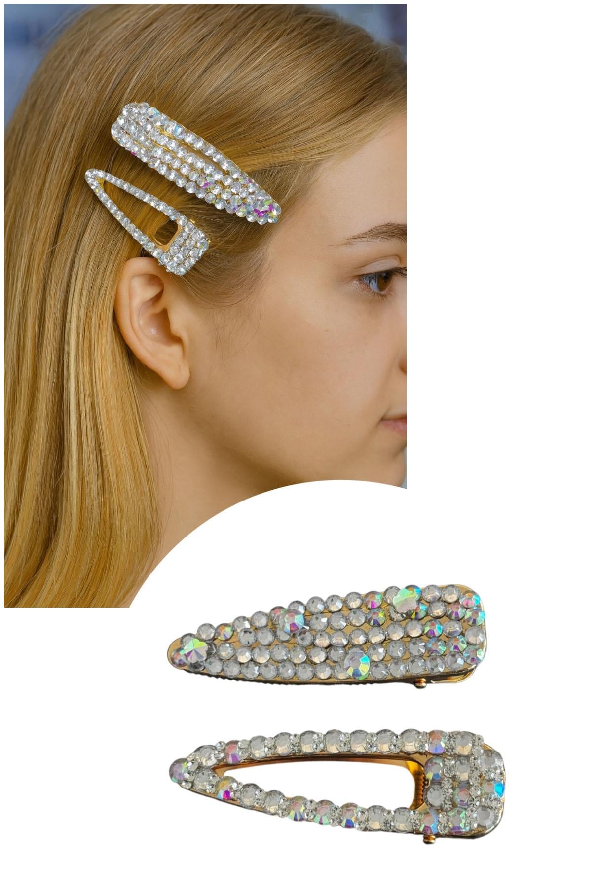 Altın Renk Hologram Taş Detaylı İkili Yan Toka