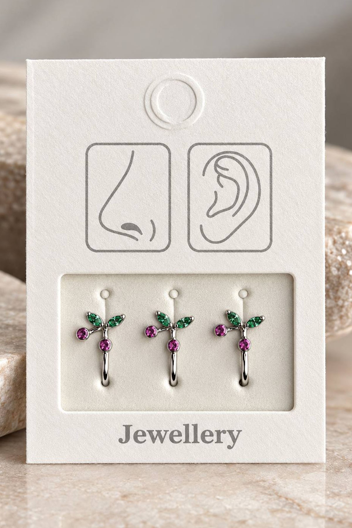 Gümüş Renk Kiraz Figürlü Deliksiz Kulak/Burun 3lü Piercing Set