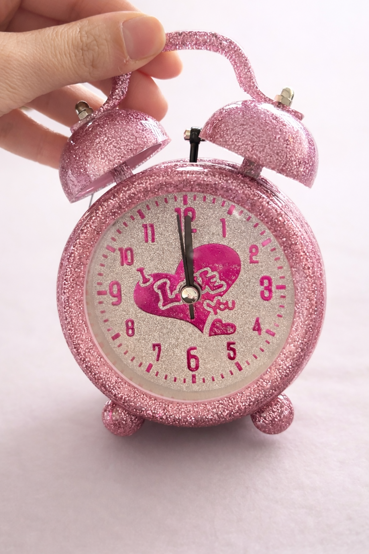 Pembe Renk Simli Mini Dekoratif Işıklı Alarmlı Yuvarlak Masa Saati