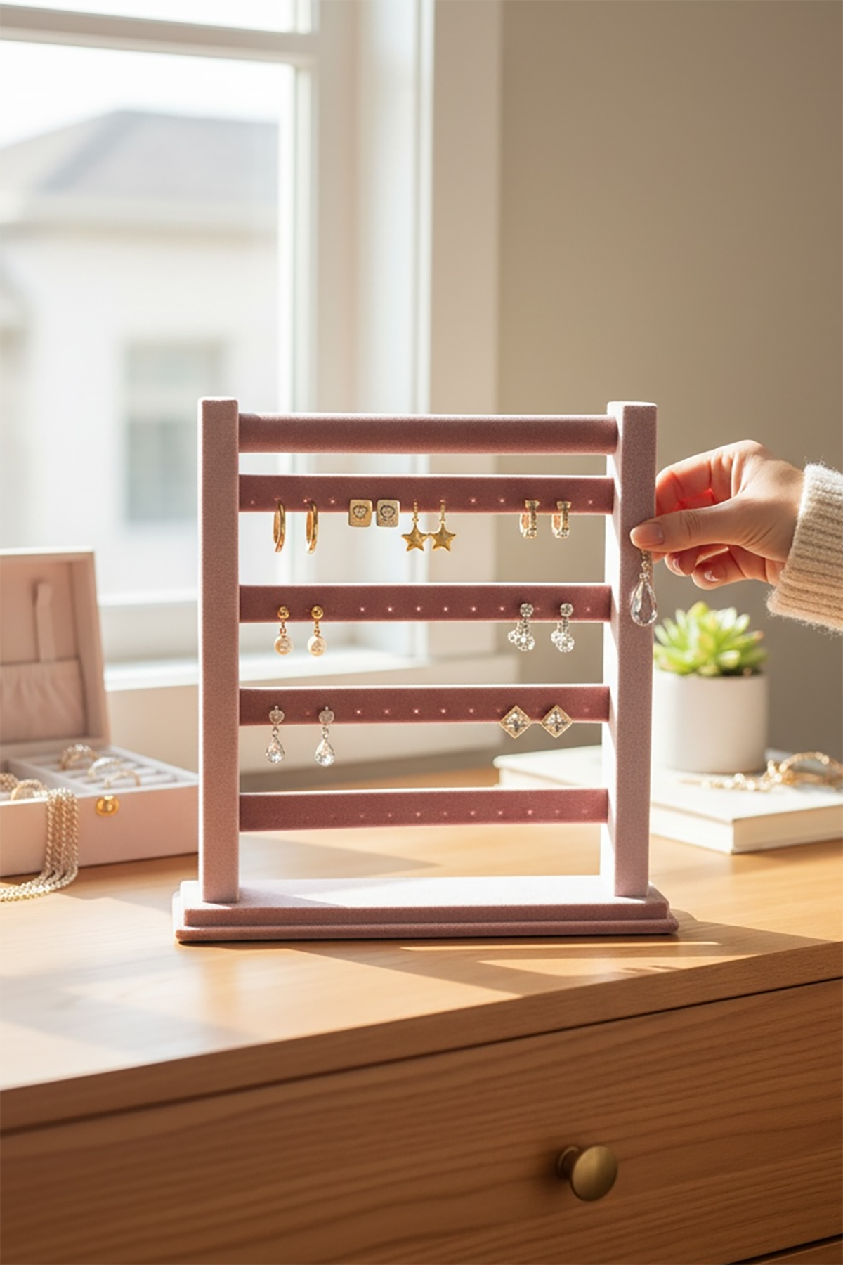 Pembe Renk Dört Katlı Küpe Düzenleyici / Organizer