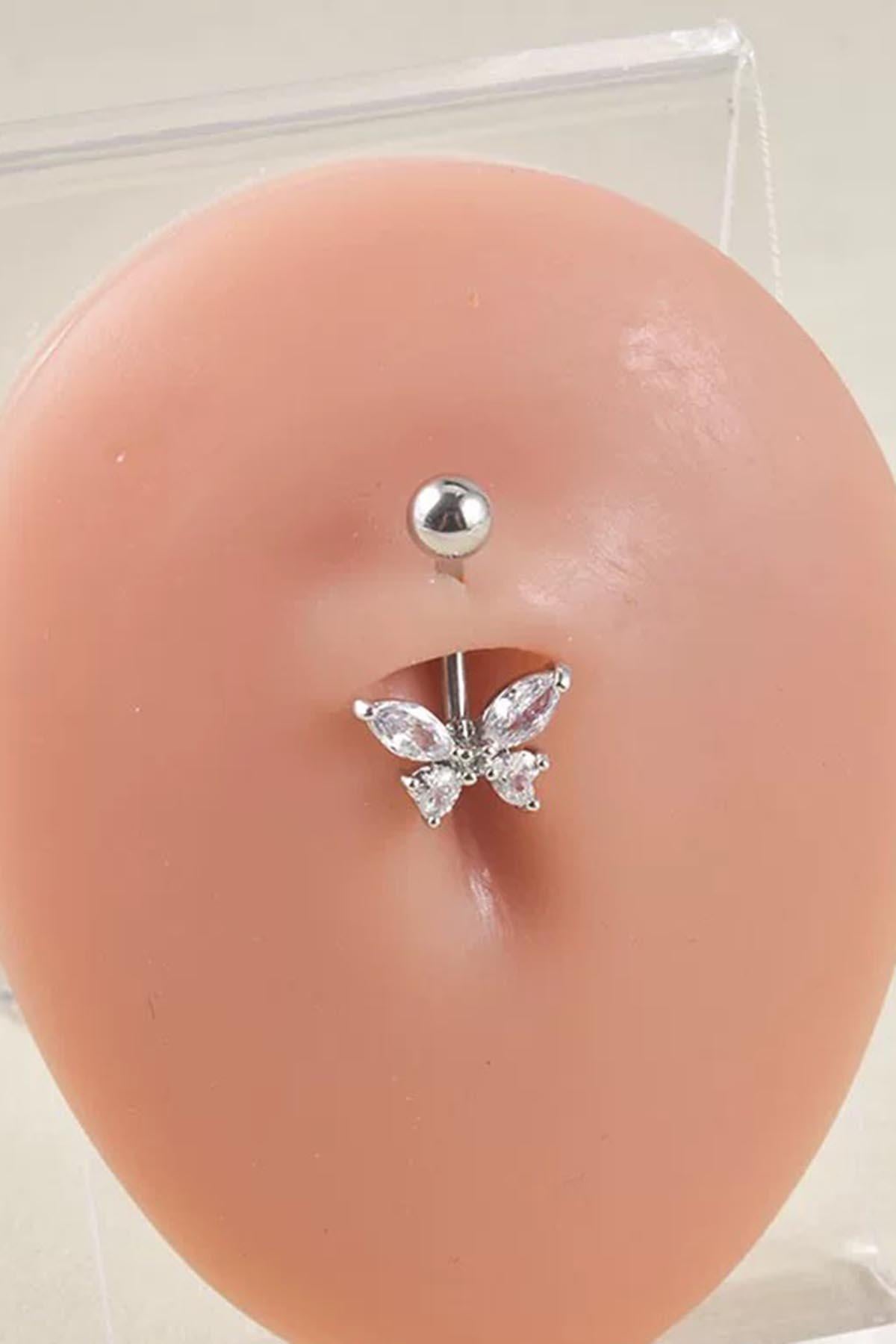 Gümüş Renk Kelebek Figürlü Cerrahi Çelik Göbek Piercing