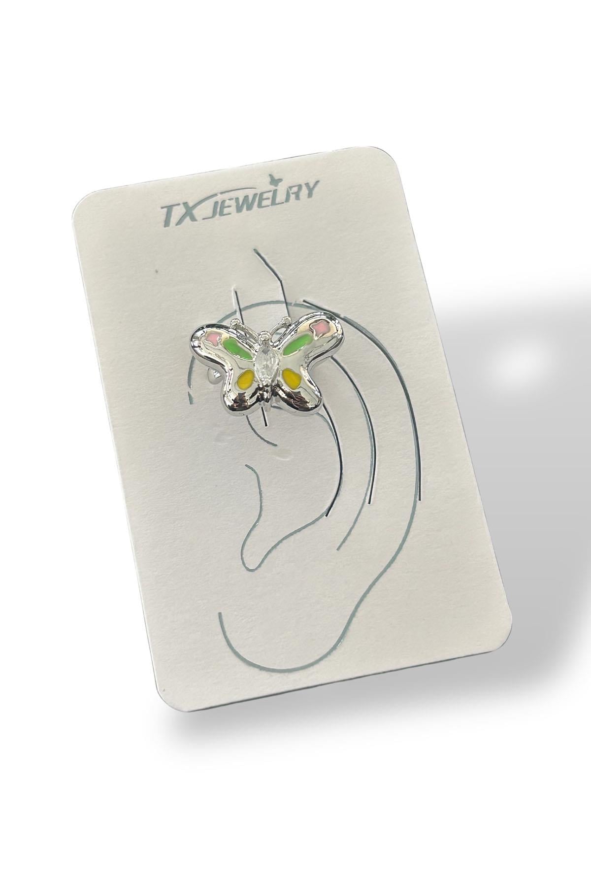 Gümüş Renk Kelebek Figürlü Taş Detaylı 14K Altın Kaplama TX Ear Cuff (Tek)