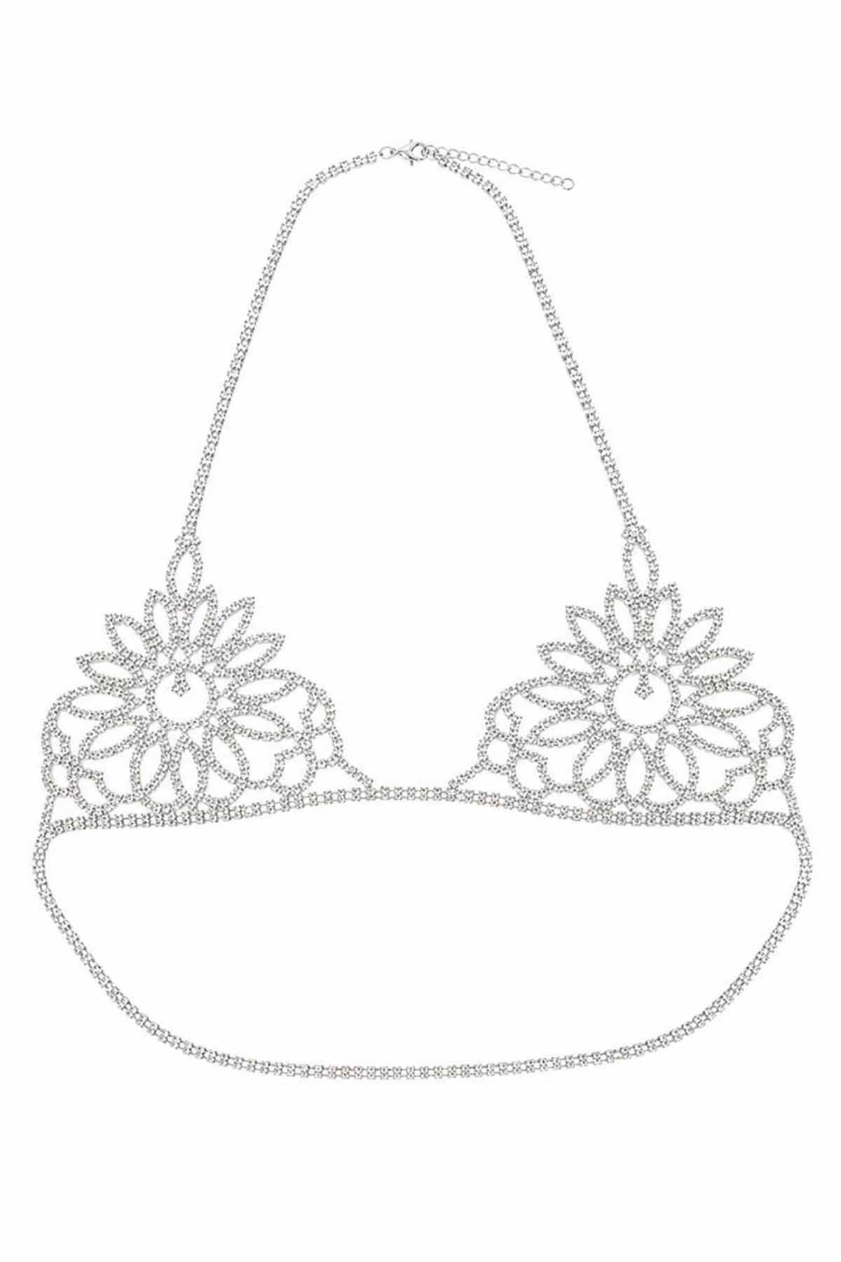 Gümüş Renk Taş Detaylı Bikini Üstü /Bralet /Vücut Aksesuarı