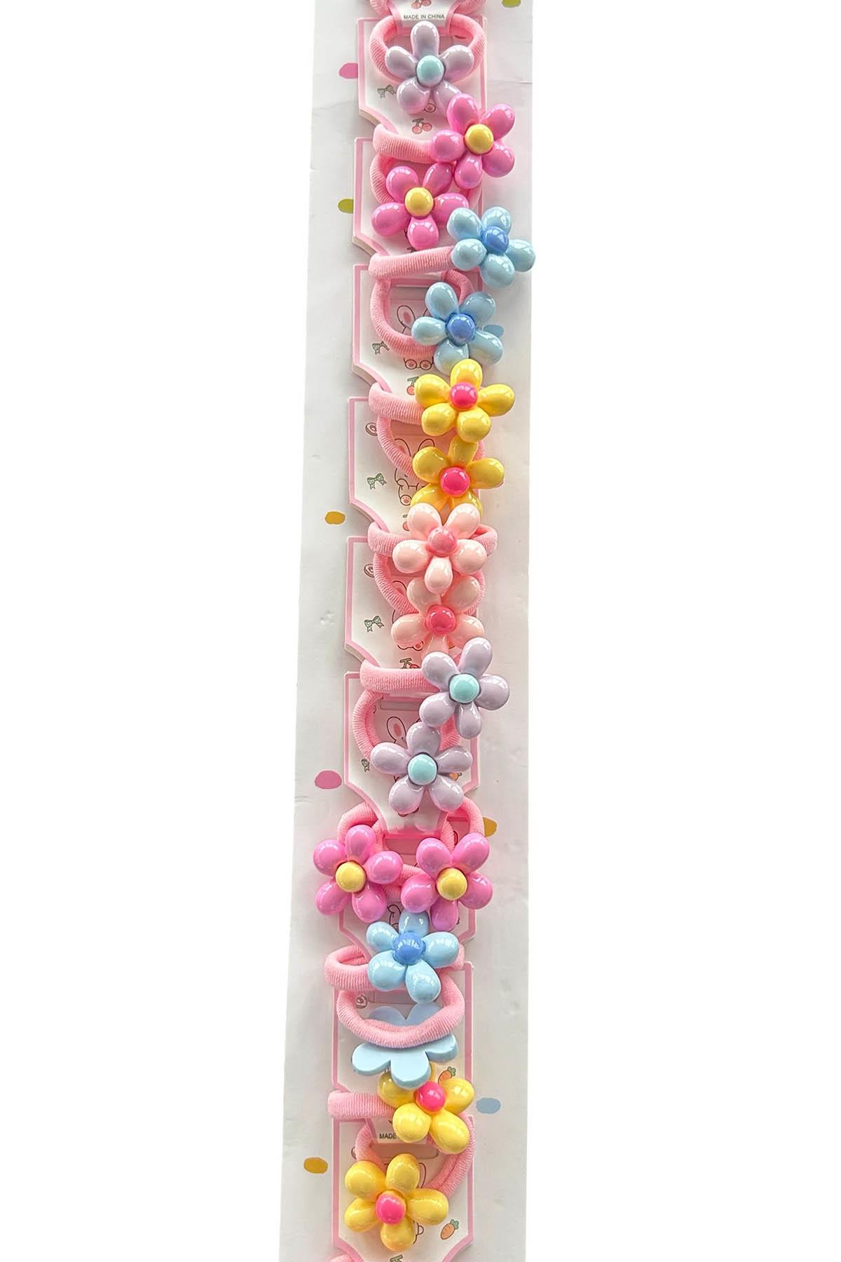 10lu Karışık Renk Çiçek Figürlü Çocuk Lastik Toka Set