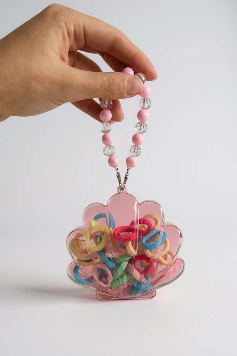 Pembe Renk Deniz Kabuğu Figürlü Boncuklu Çantalı Toka Seti