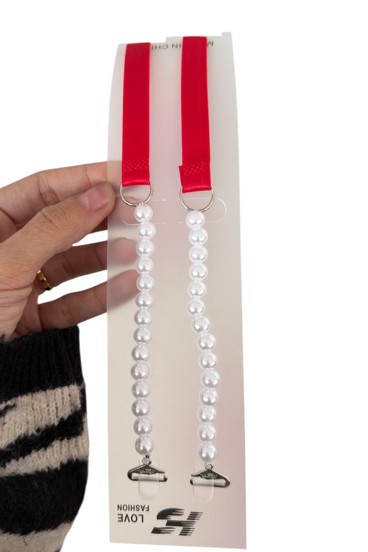 Kırmızı Renk İnci Detaylı Sütyen Askısı