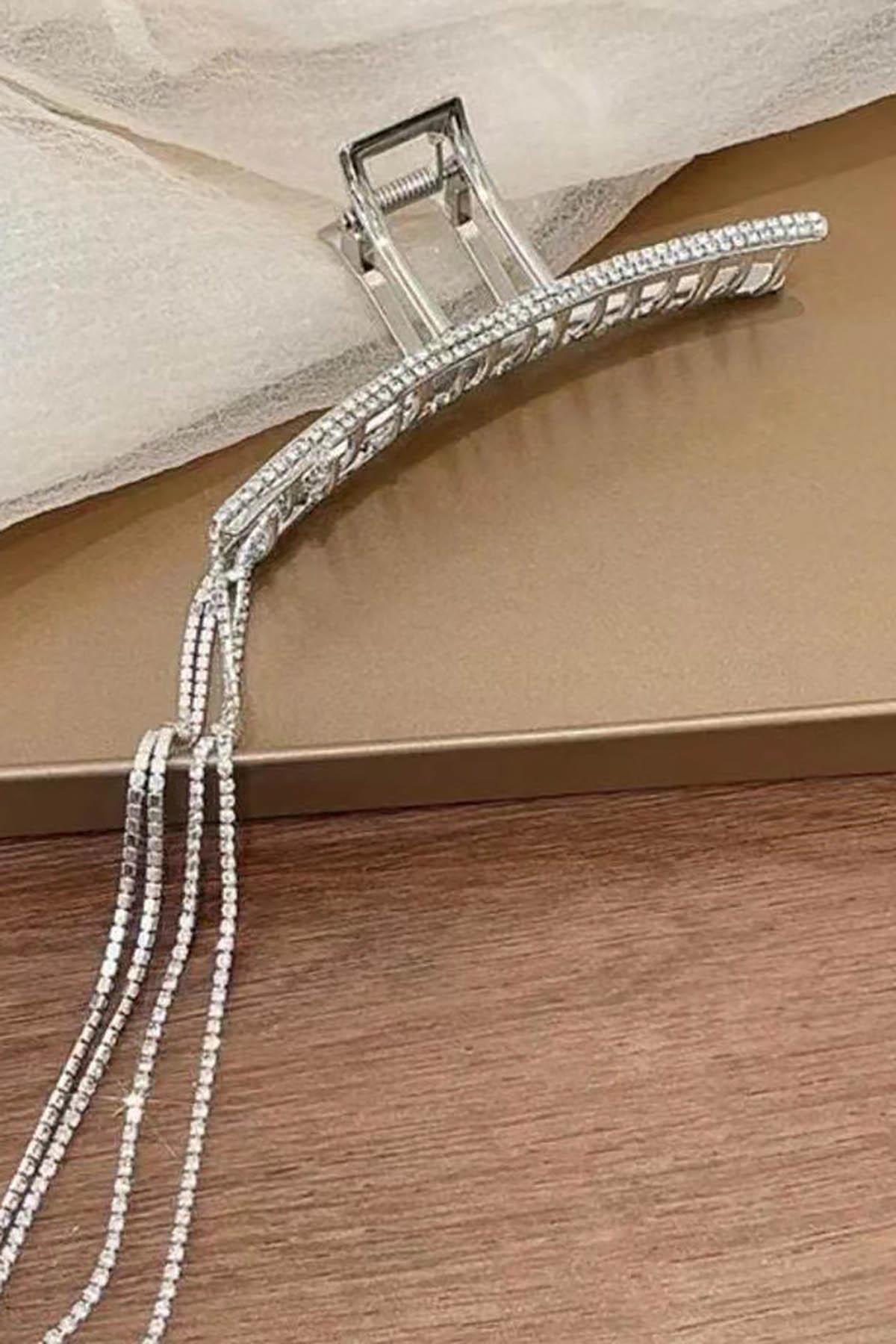 Gümüş Renk Taş Detaylı Sallantılı Metal Mandal Toka