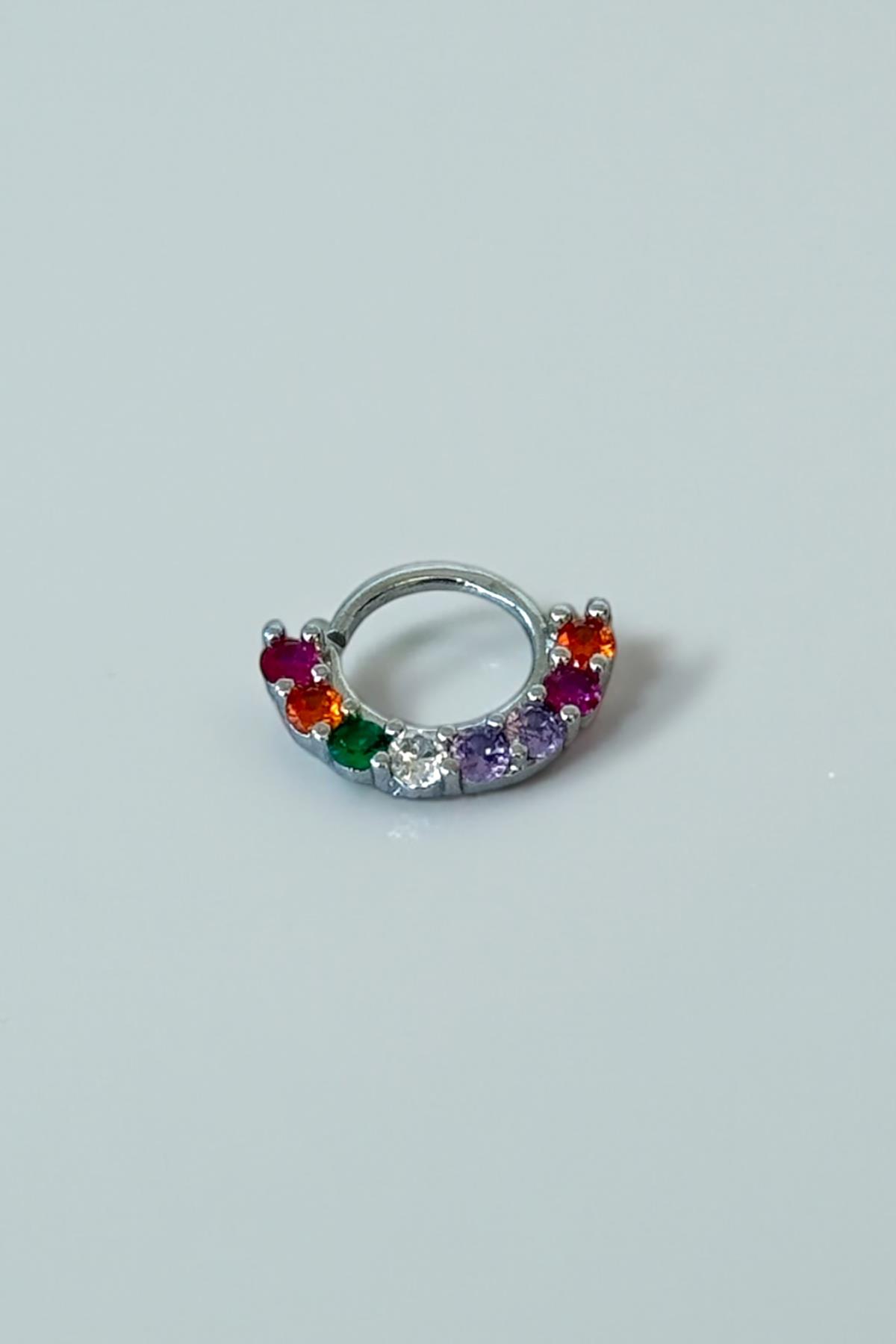 Gümüş Renk Taş Detaylı Çelik Halka Tragus/Kıkırdak Küpe/Piercing (Tek)