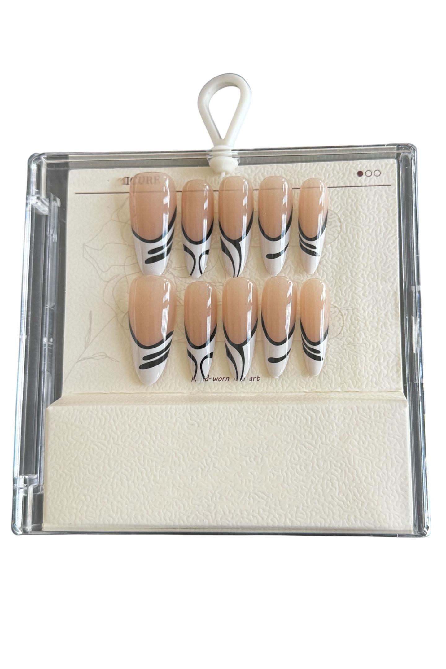 Karışık Renk Zebra Detaylı Jel Tırnak Görünümlü 10lu Takma Tınak Set (Yapıştırıcılı)