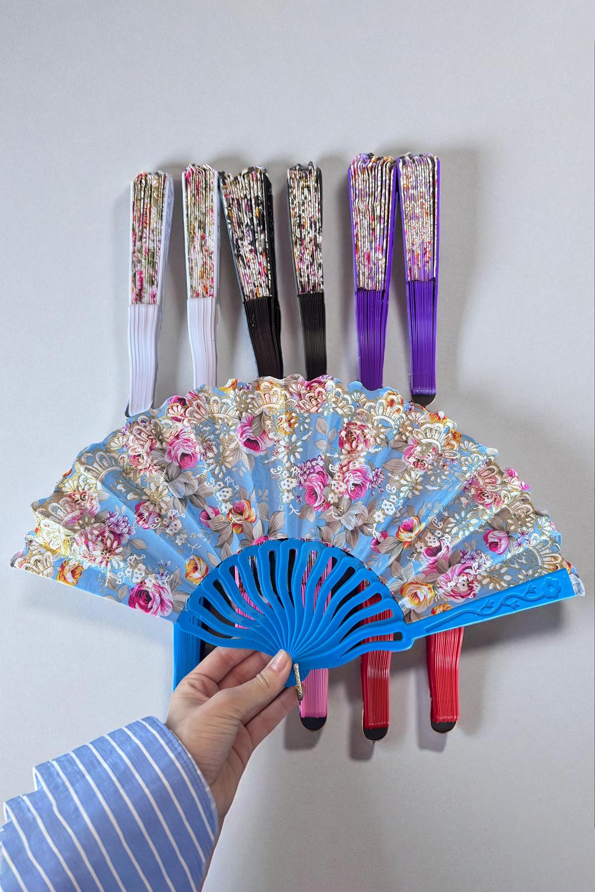 12´li Karışık Renk Çiçek Figürlü Yelpaze