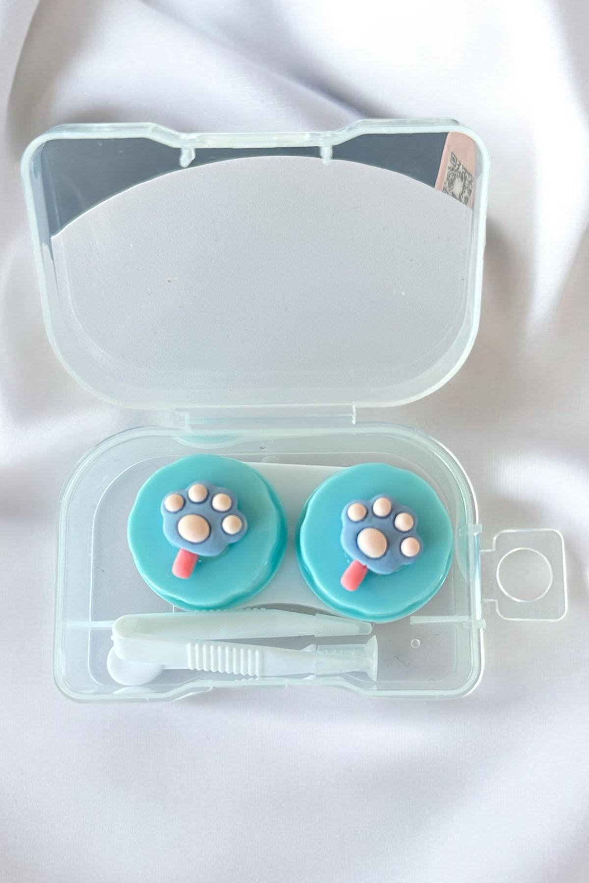 Beyaz Renk Açık Mavi Pati Figürlü Lens Saklama Kutusu