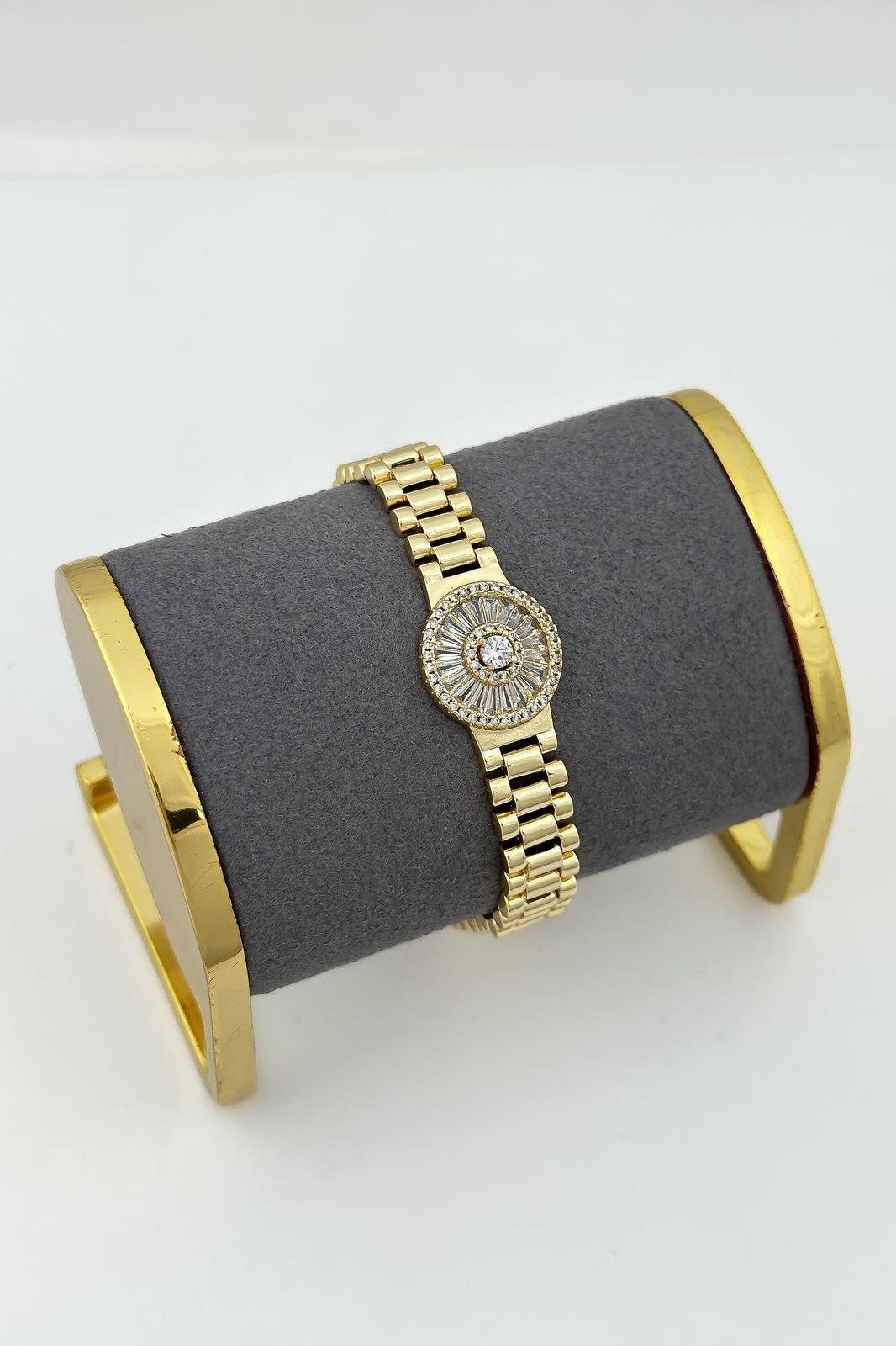 Altın Renk Taş Detaylı 14K Altın Kaplama CM Zincir Bileklik