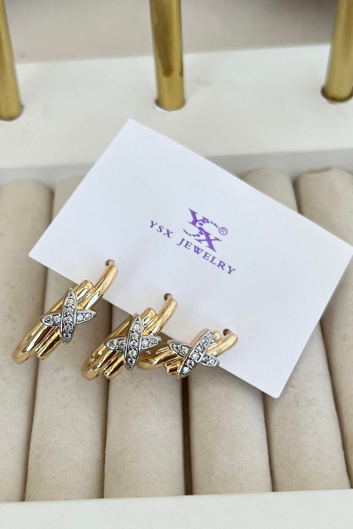 Altın Renk Çarpı Detaylı VİP 3lü YSX Küpe Set 
