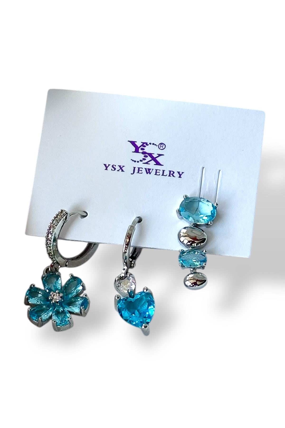 Altın Renk Çiçek Figürlü Mavi Taş Detaylı VİP 3lü YSX Küpe Set 