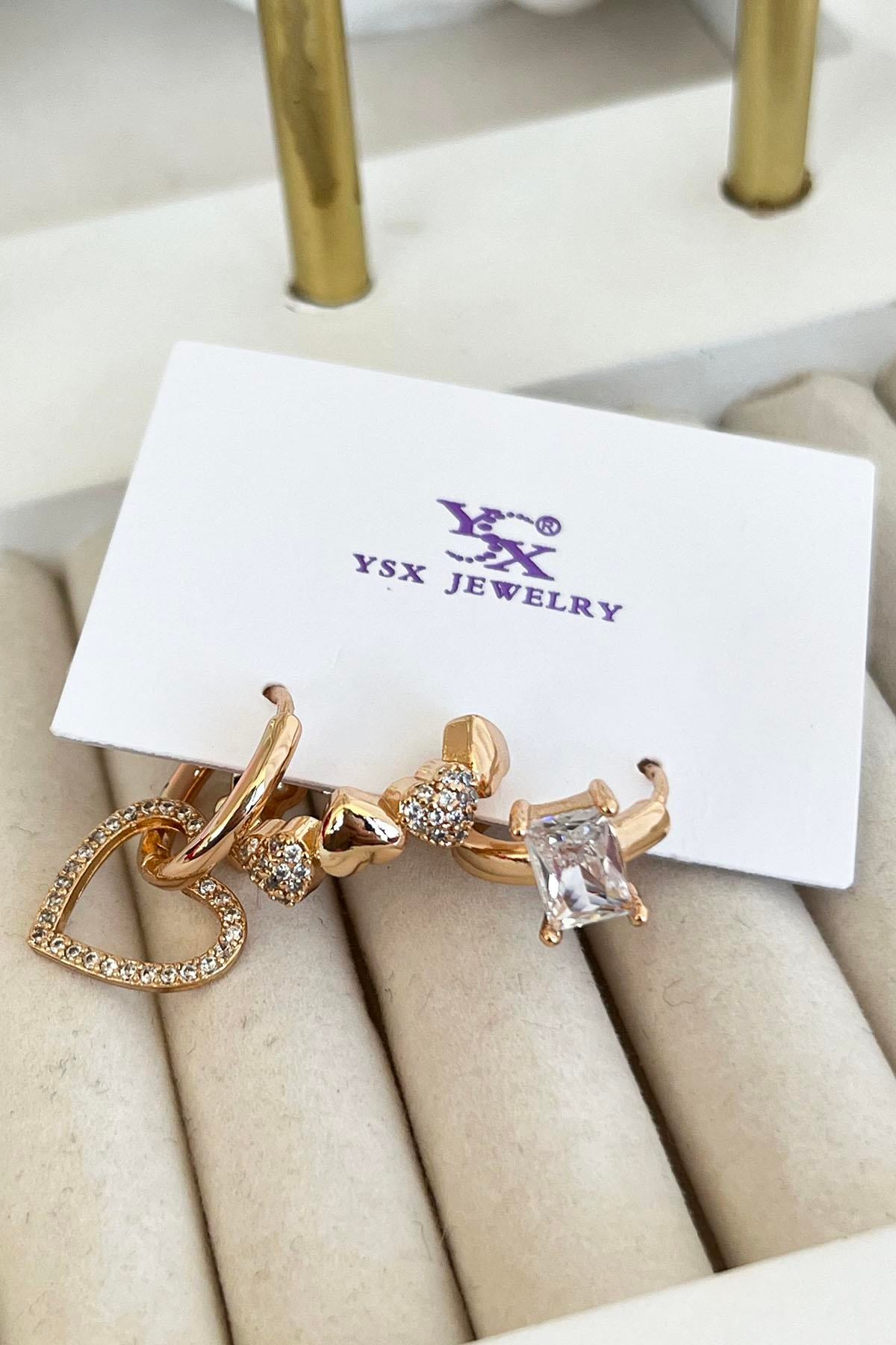 Altın Renk Kalp Detaylı VİP 3lü YSX Küpe Set 