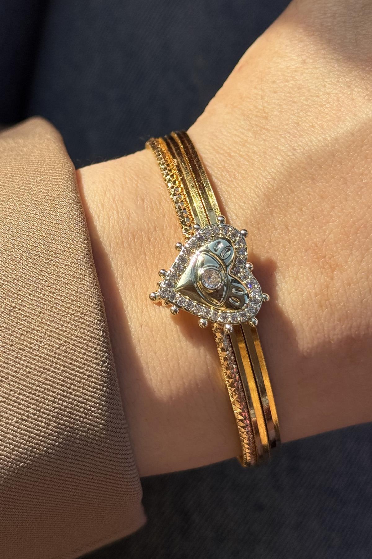 Altın Renk Kalp Figürlü Taş Detaylı Ajda Charm / Kolye/ Bileklik Ucu